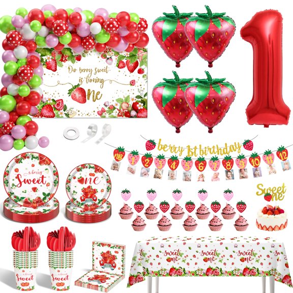 180Pcs Strawberry 1st Birthday Party Decorations - Sweet Berry Tableware Set With Cake Toppers, Tablecloth, Backdrop, Monthly Photo for First Birthday Celebration Y101