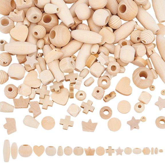 180Pcs Unfinished Natural Wooden Beads 18 Style Undyed Wood Beads Round Oval Tube Heart Wood Beads for Crafts Assorted Wooden Loose Beads