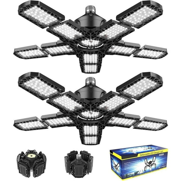 180W 36000-Lumens LED Garage Ceiling Light E26/E27 Base Deformable 10 plus 1 Adjustable Panels 6000K 2-Pack