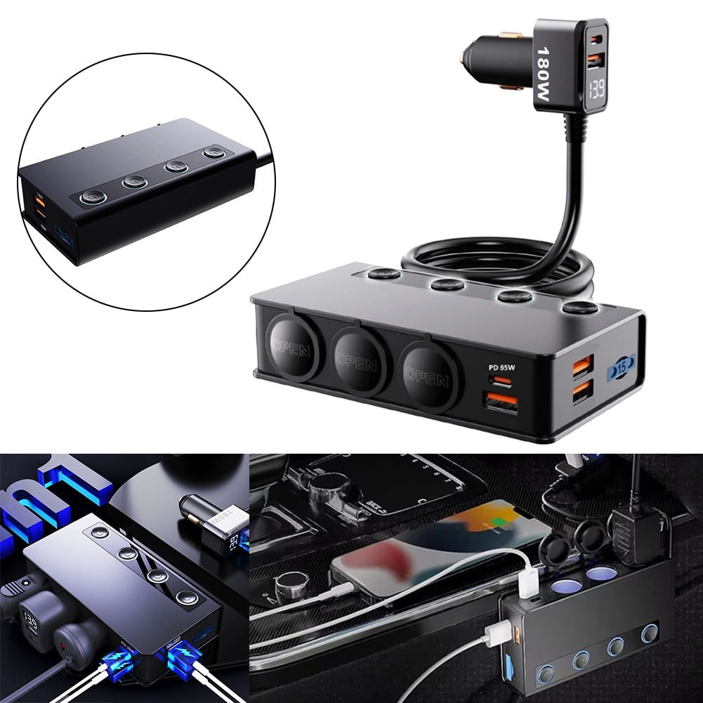 180W 9 in 1 Car Charger 3Ports Power Splitter 12V Fast Charger Power Adapter