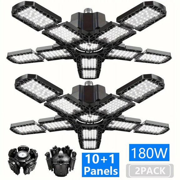 180W LED Garage Lights,18000LM 6500K LED Garage Ceiling Lights with 10+1 Deformable Adjustable Panels,Super Bright LED Lights for Garage E26/E27,2PACK