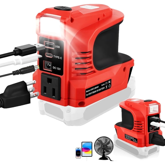 180W Power Inverter for Craftsman 20V, DC 20V to AC 110-120V Battery Inverter, 20 Volt Battery Powered Portable Power Source Supply Charger Adapter with USB&Type-C&AC Outlet&LED Light