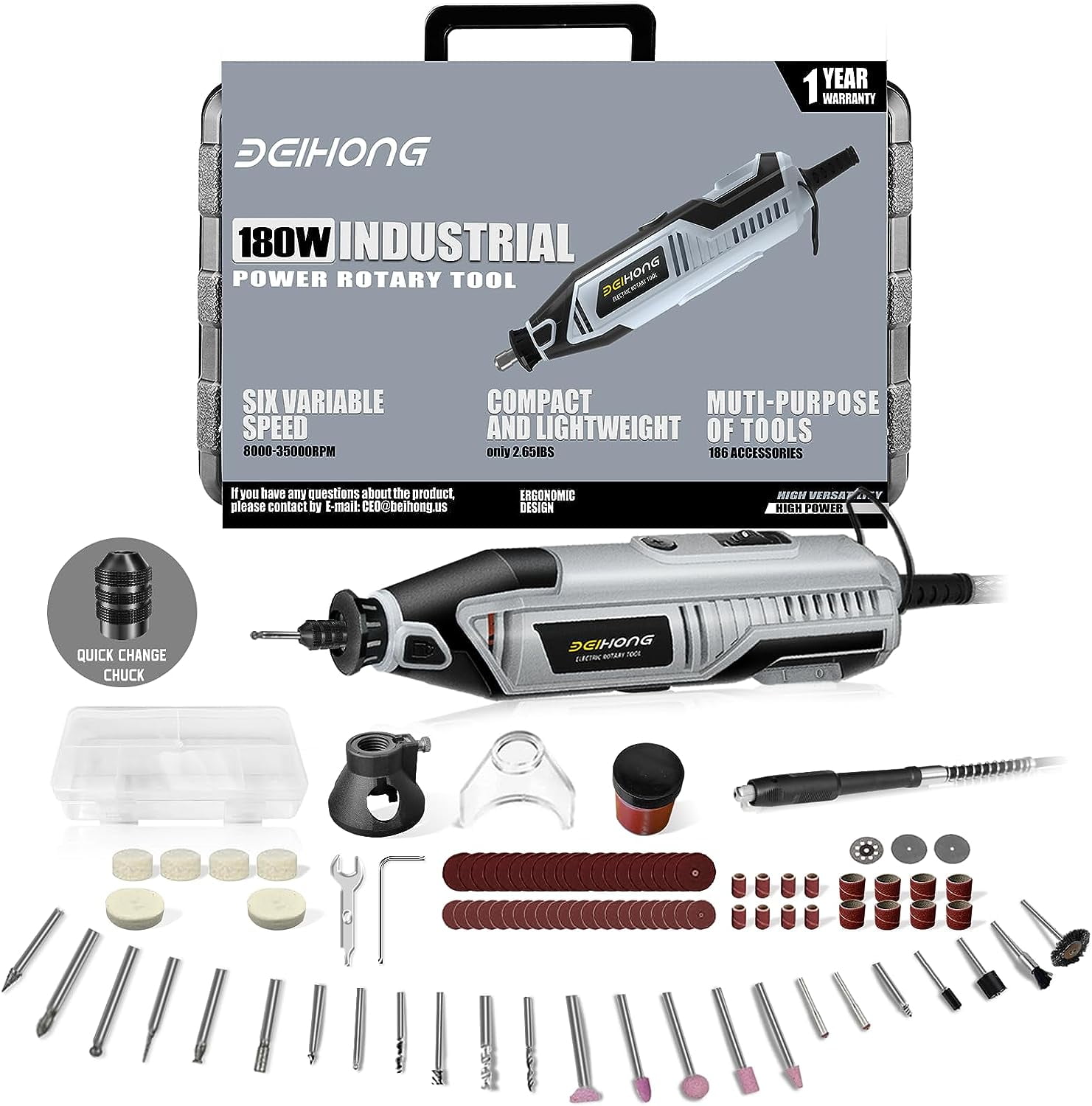 180W Rotary Tool, 186 PCS Accessories Power Rotary Tools, 6 Variable