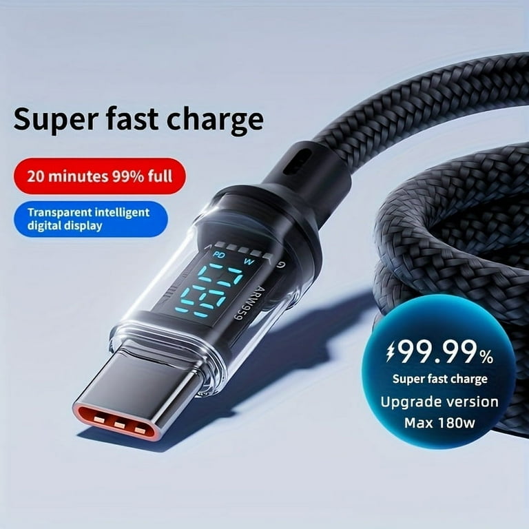 180W Super Fast Charging USB A to Type-C Cable, with LED Digital