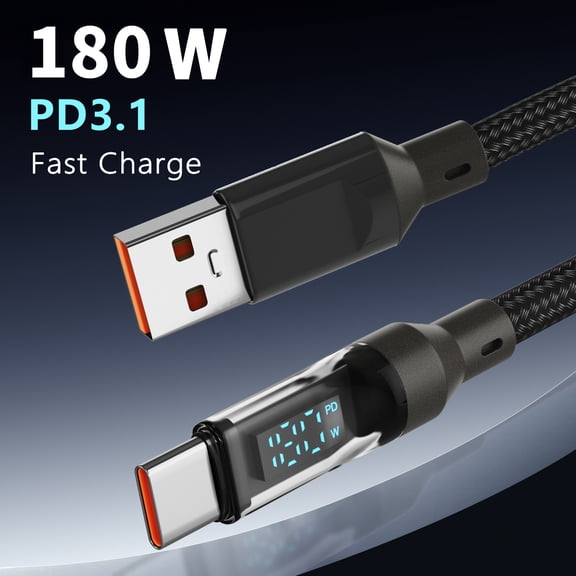 180W USB A to C Fast Charging Cable with LED Display, 6A High Speed Data Sync & PD Quick Charge for iPhone 15/16 Xiaomi Samsung