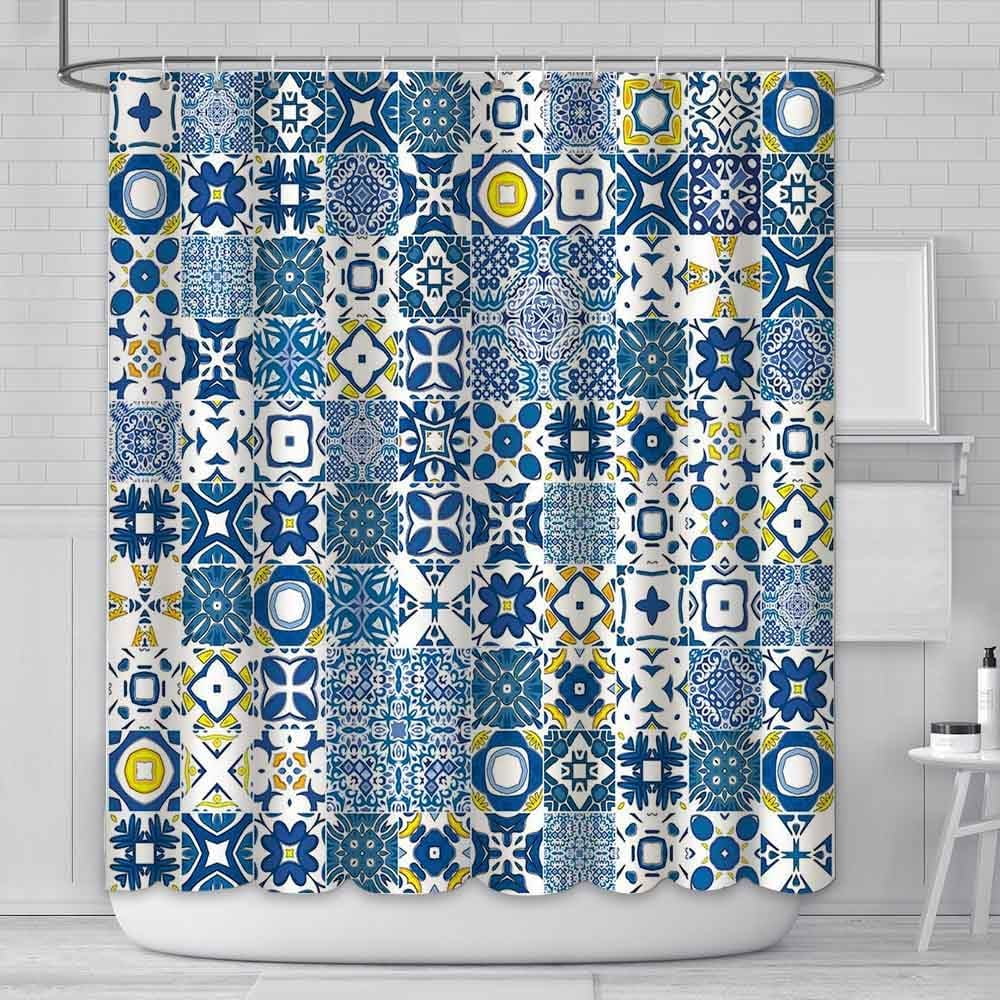 180X180Cm Blue And Yellow Tiles Shower Curtain Modern Retro Textures