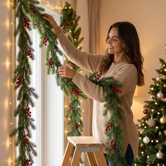 180cm Artificial Christmas Garland With Red Berries Light Weight Christmas Decor For Stair Railing Fireplace Mantel Holiday Ornament