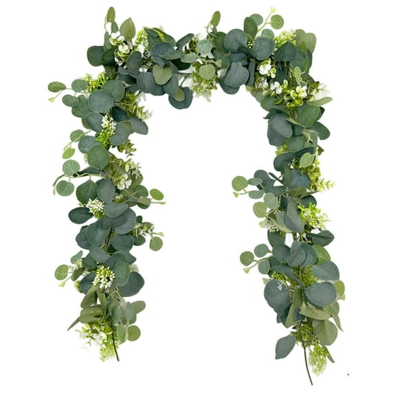 180cm Artificial Eucalyptus Garland with Flowers, White Roses Baby Breath Garland Floral Greenery for Wedding Party Centerpiece Table Runner Backdrop Wall Decor Decoration