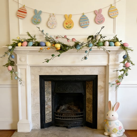 180cm Easter Egg Garland, Artificial Greenery Vine with Colorful Eggs & Berries, Spring Mantel Wreath for Fireplace, Front Door, Table & Holiday Party Decoration