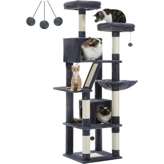 180cm Large Cat Tree For Indoor Cats, Multi-Level Cat Tower Cat Scratching Post With 2 Perches, 2 Condos, Hammock And 2 Pompoms Grey