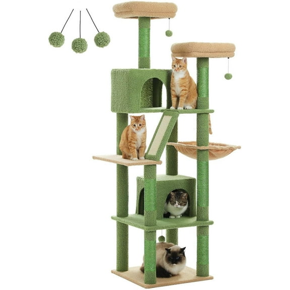 180cm 2-Level Grey Cat Tree with 2 Perches, 2 Condos, Hammock and 2 Pompoms