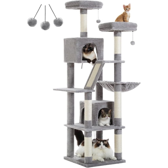 2-Level 5.91-Foot Grey Cat Tree with 2 Perches, 2 Condos, Hammock and 2 Pompoms