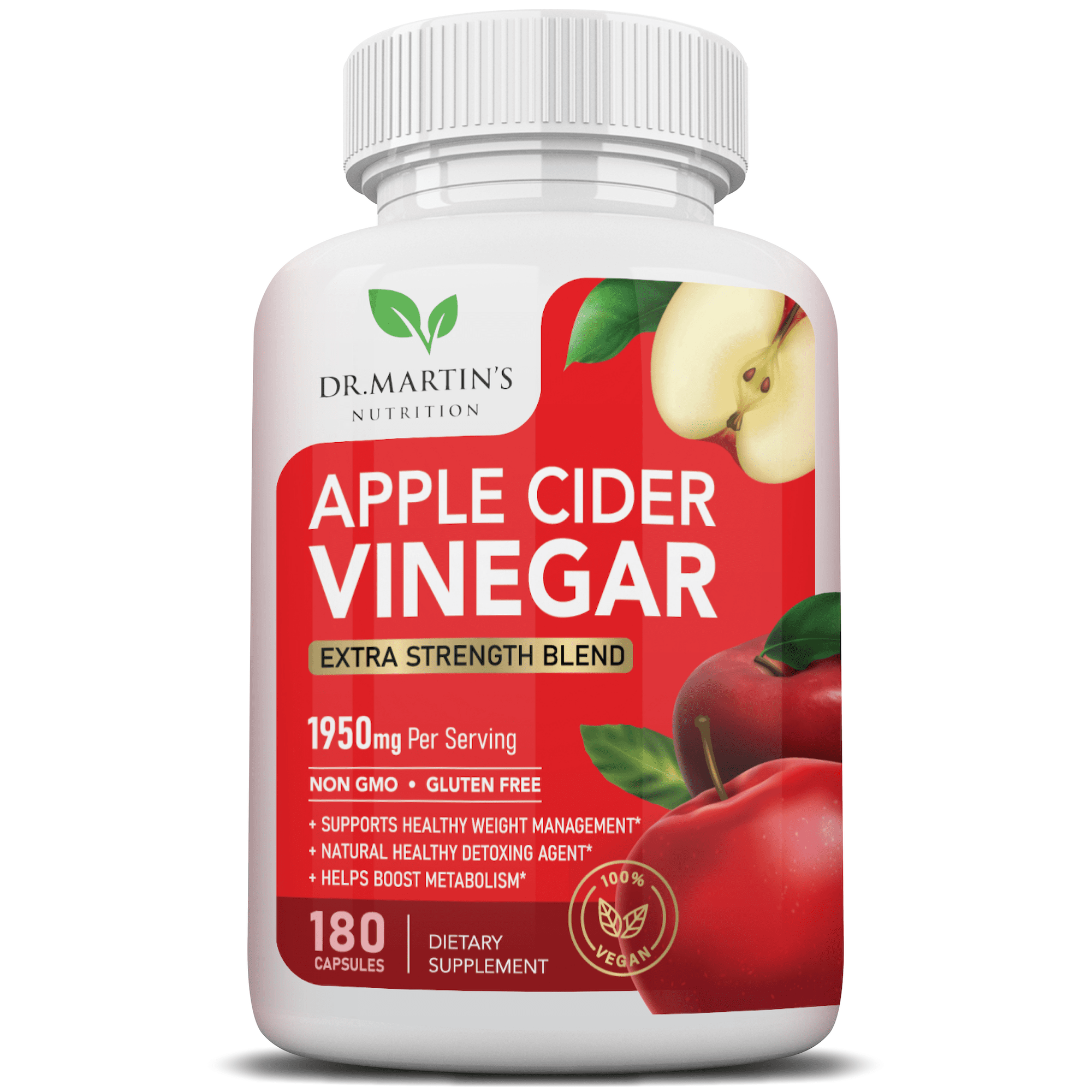 1950mg Apple Cider Vinegar Capsules for Weight Loss, Tasteless 180 Capsules - Metabolism & Detox Support by Dr Martin's Nutrition