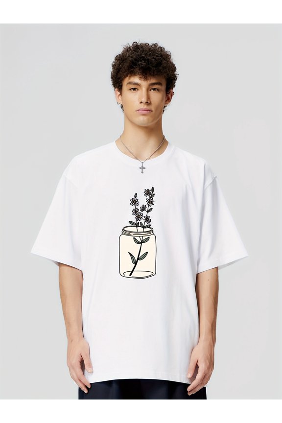 180g Cotton Men's Short Sleeve T-Shirt - Loose Fit Round Neck Anime-Inspired Mason Jar Floral Print Casual Streetwear Tee for Casual Attire, Machine Washable Shirt