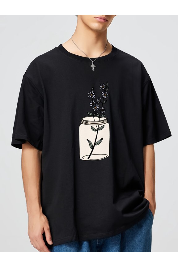 180g Cotton Men's Short Sleeve T-Shirt - Loose Fit Round Neck Anime-Inspired Mason Jar Floral Print Casual Streetwear Tee for Casual Attire, Machine Washable Shirt