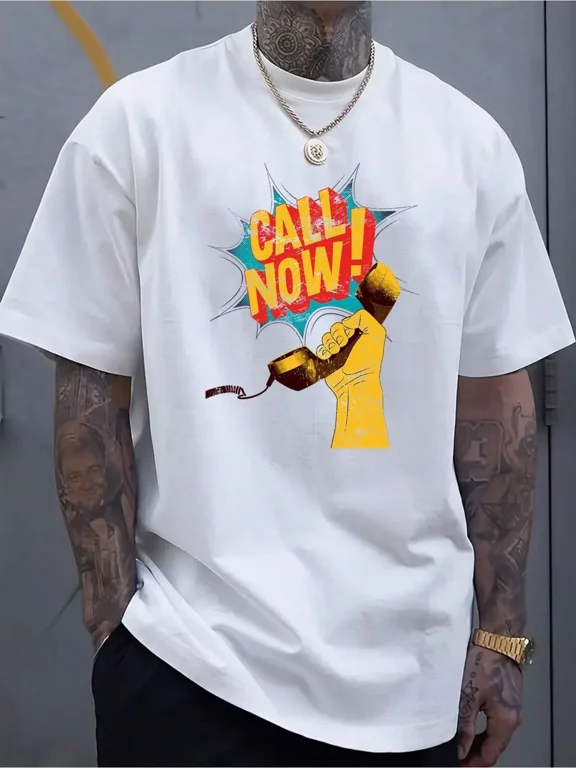 180g Pure Cotton Single-Sided Printed Crew Neck Short-Sleeved T-Shirt With A Call Now! Telephone Logo. A Casual Crew Neck T-Shirt, Perfect For Spring And Summer, Suitable For Every