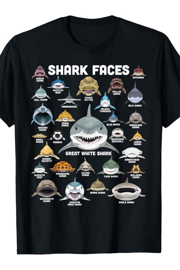 [180g Shark T-Shirt] 180g Funny Marine Biology Shark T-Shirt, 100% Made in USA | Shark Faces Shirt Types of Shark
