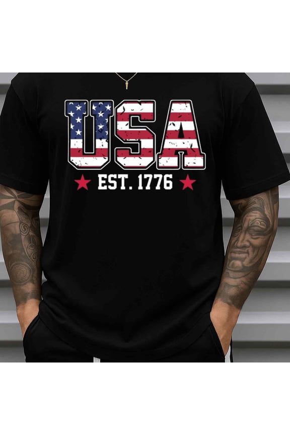 180gsm Camiseta Casual - Camiseta para hombre con estampado de la bandera de USA Pride 1776 100% peso pesado 180gsm negra