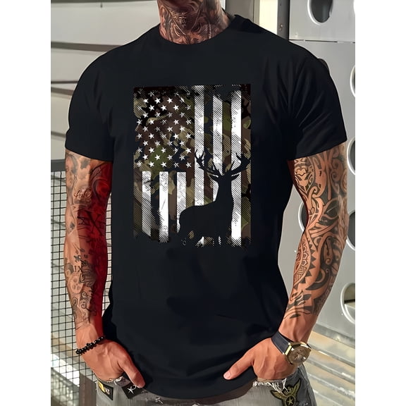 [180gsm Patriotic Deer Print Tee] Men'S Patriotic Deer Print T-Shirt, 95% Polyester 5% Spandex, Crew Neck, Short Sleeve, Regular Fit, Summer Knit Fabric Tee, 180gsm - Casual Style