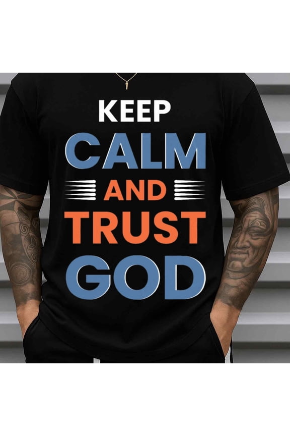 180gsm T-Shirt for Men Casual Short Sleeve Round Neck Gift - Men's Keep Calm and Trust God T Black Faith Apparel with Attire
