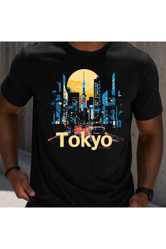 180gsm T-Shirt for Men Graphic Heavyweight Casual Gift - Men'S Tokyo Skyline Graphic T 100% Black with Tower Shibuya Crossing