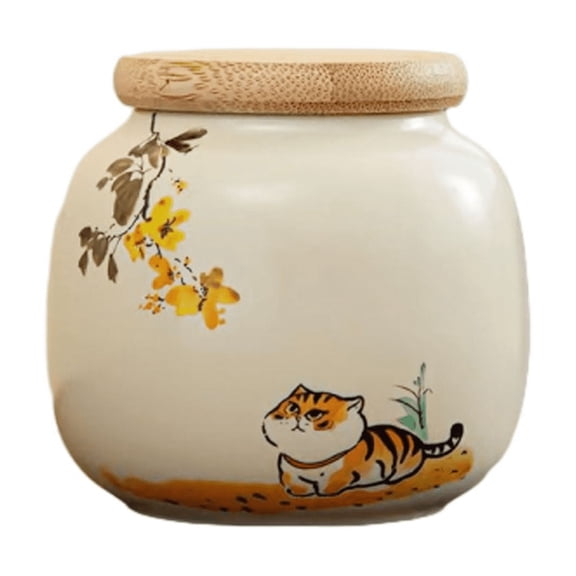 180ml Ceramic Tea Canister with Lid - Adorable Sitting Cat Design & Yellow Blossoms, Airtight Round Jar for Coffee, Sugar & Snacks Storage