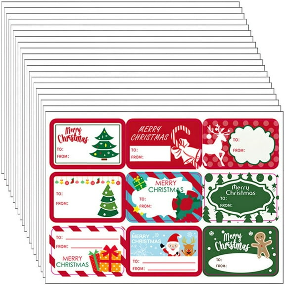 180pcs/20sheets Christmas Tags Gift Sticker Name Tag With Santa Snowmen Xmas Tree Reindeer Bells Holiday Decorative Tag