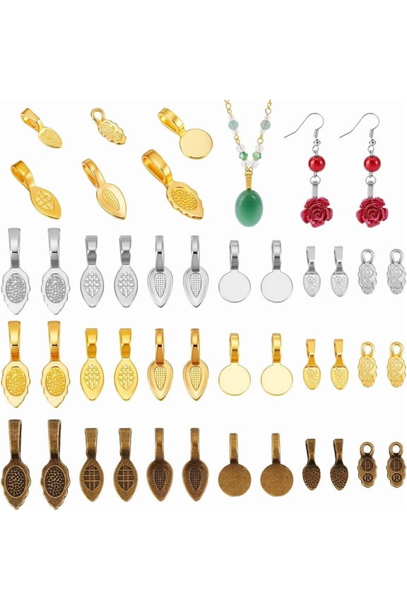 180pcs 6 Styles Glue on Bails 3 Colors Alloy Pendant Bails Leaf Pendant Connector Charm Tag Flat Pad Earring Bails Necklace Chain Bails