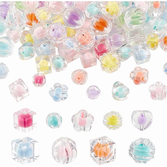 180pcs 9 Styles Acrylic Beads 10~16mm Kawaii Loose Beads Candy Color Beads Heart/Flower/Ball Beads Gradient Spacer Beads