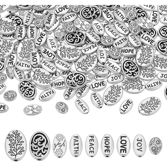 180pcs 9 Styles Faith Beads Oval Spacer Beads with Words Tibetan Style Silver Flat Spacer Bead Metal Craft Bead