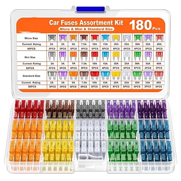 180pcs Automotive Fuse Kit, Includes 60 Mini Blade Fuses, 60 Standard Automotive Fuses, 60 Micro Fuses, Suitable for Cars, RVs, Trucks, and Motorcycles