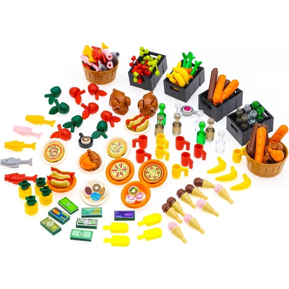 180pcs City-Friends Brick-Food-Pieces -Fruit-Apple-Banana-Pineapple-Cherry Desserts-Ice Cream-Cake-Sweet Cone Picnic--Pizza-Hotdogs-Turkey-Fish-Beer-Money Toys for Extra Bricks