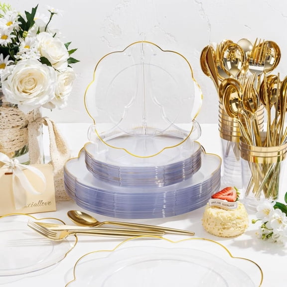 180pcs Clear and Gold Plastic Plates with Plastic Silverware Heavy Duty Disposable Dinnerware Set with Cups