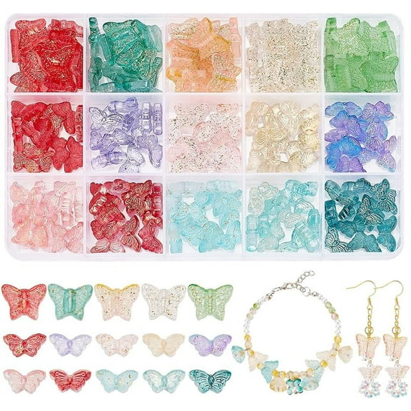 180pcs Glass Butterfly Beads Transparent Spray Painted Beads Loose Spacer Beads for Jewelry Crafts Making
