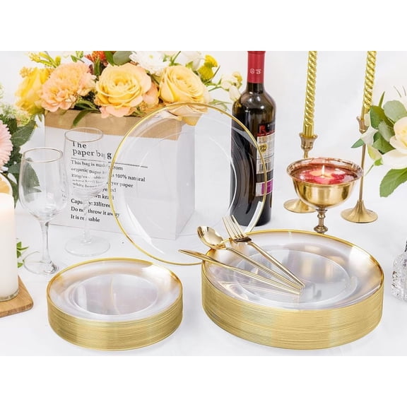 180pcs Gold Plastic Plates Clear Plates with Gold Trim Plastic Plate for Party Clear Dinnerware Set Silverware Cups for Baby Shower Wedding Spring Afternoon Tea