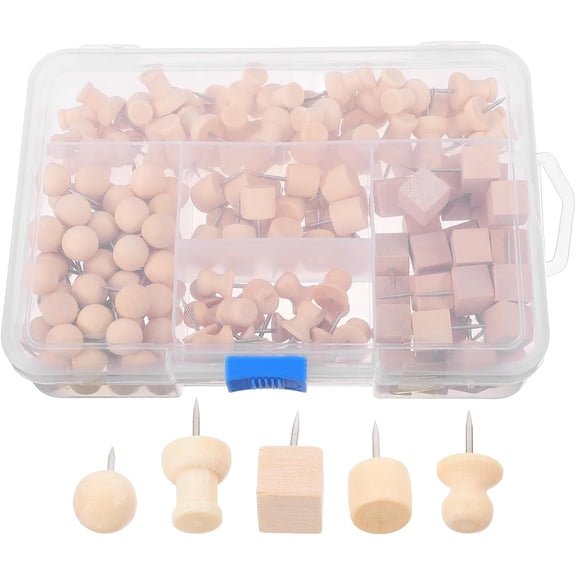 180pcs Wood Push Pins Set Decorative Thumb Tacks for Bulletin Board Large Cork Board with Sharp Metal Tips Reusable Office and Classroom Supplies in Storage Box
