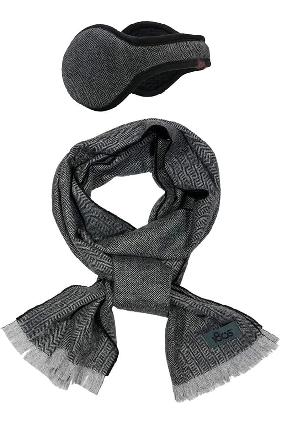 Gift Set, Men's American Wool Black & Gray Ear Warmer & Scarf