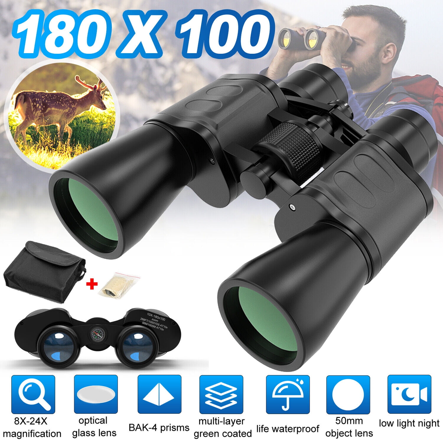 180x100 High Magnification Long Range Wide Angle Zoom 50mm Full Optical Lens Binoculars Telescope for Bird Watching
