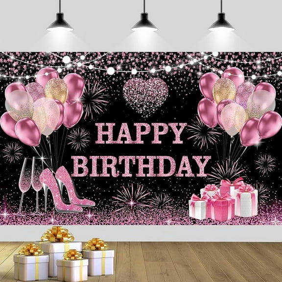 180x120 cm Pink Golden Happy Birthday Backdrops Cloth 71x47 inch Bday Photography Backgrounds Glitter Black Rose Golden Happy Birthday Sign Banner Decoration for Women Girl