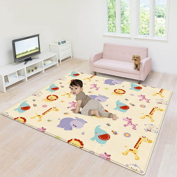 180x150cm Foldable Baby Play Mat - Reversible Non-Slip Crawling Pad with Animal/Vehicle Prints for Nursery Floor