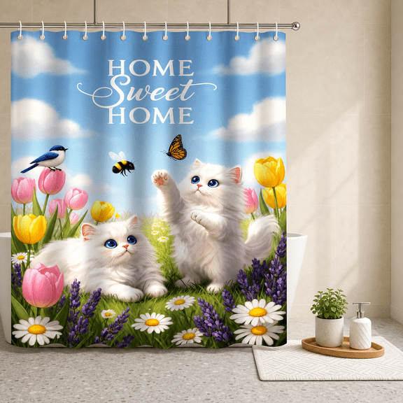 180x180Decorative Cats Shower Curtain Floral Garden Curtain Polyester Animal Theme Curtain Sweet Home Decor