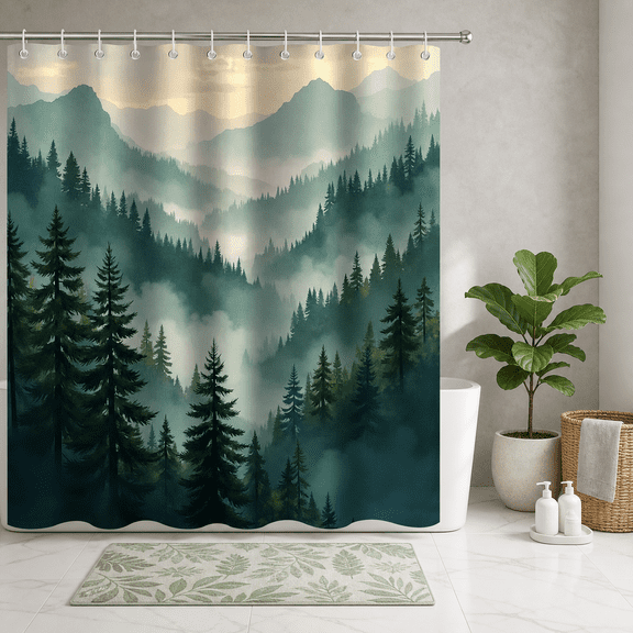 180x180Nature Inspired Shower Curtain Forest Landscape Polyester Misty Scene Decor Greenery Design for Bathroom Home Spa Relaxation