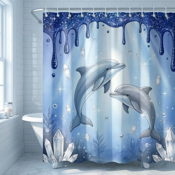 180x180Nautical Theme Shower Curtain Dolphin Print Oceanic Decor Fabric Waterproof Curtain for Children's Bathroom Tropical Sea Decor