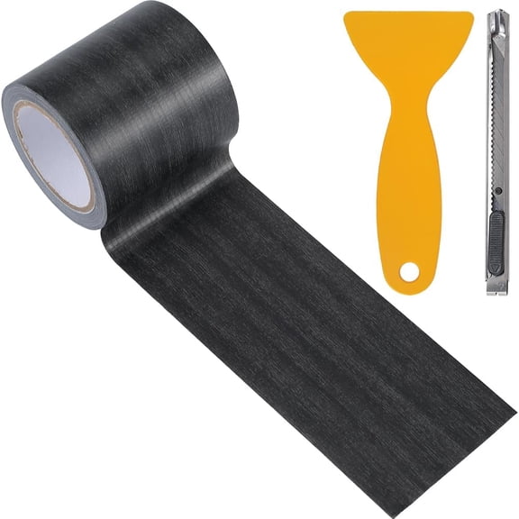 180x2.24 Dark Black Wood Grain Repair Tape Adhesive Realistic Wooden Patch PE Imitation Wallpaper Border Utility Scraper Tool Sets for Handicraft Furniture Renovation with Spatula Black DIY