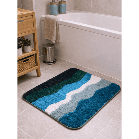 181 DEGREES Abstract Wave Bath Mat, Blue Green White Multi-Color, Soft Plush Microfiber, Non-Slip Backing, Modern Bathroom Rug 2 Pack- 24x16 Inch