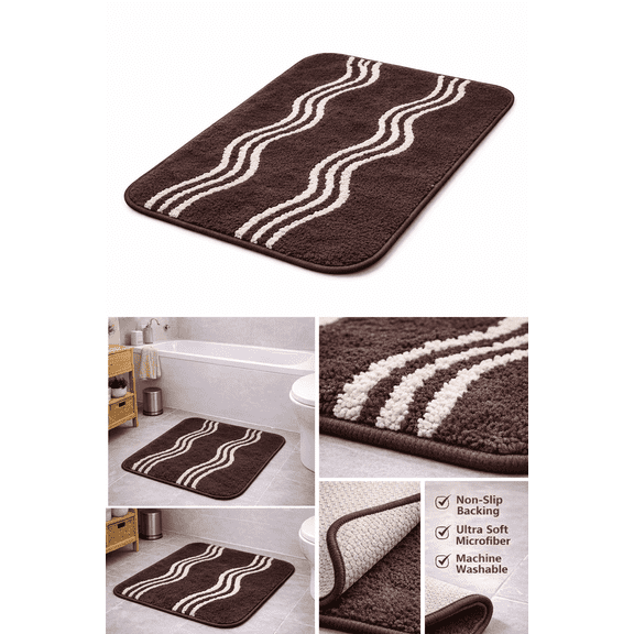 181 Degrees Bath Mat, Brown with White Wavy Stripes, Soft Absorbent Bathroom Rug, Non-Slip Backing 2 Pack- 27x16 Inch