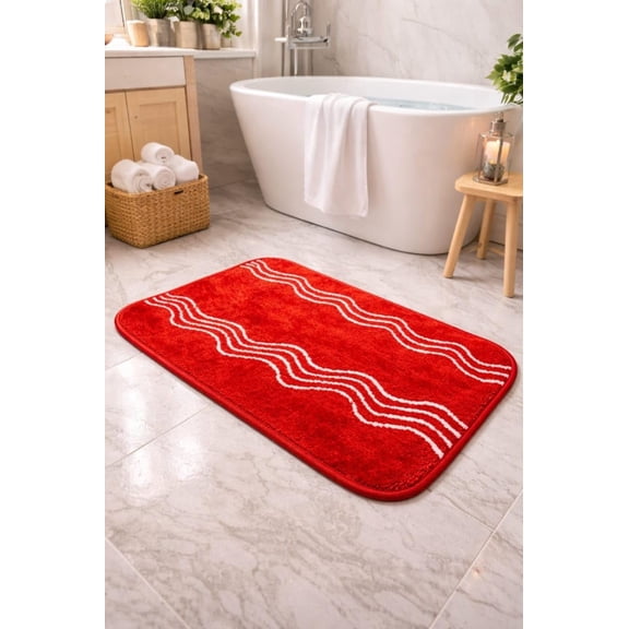 181 Degrees Bath Mat, Red with White Wave Pattern, Soft Absorbent Bathroom Rug, Non-Slip Backing 2 Pack-24x16 Inch