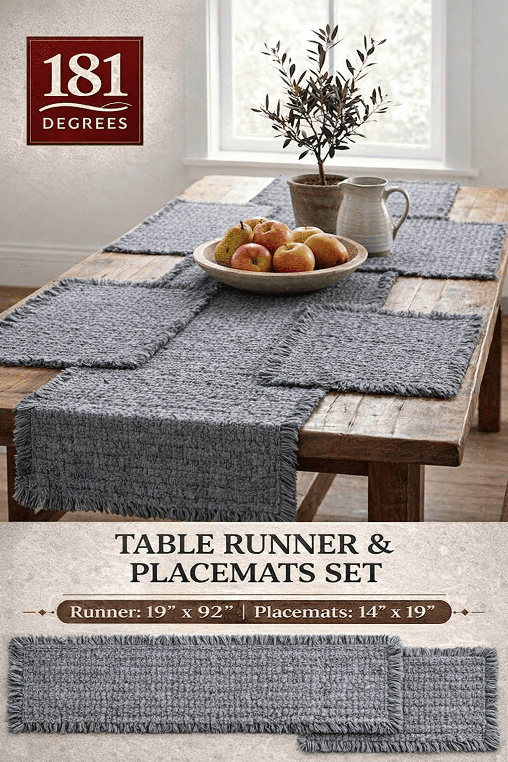 181 Degrees Table Runner 19x92 with Placemats 14x19 Set, Gray Farmhouse Table Decor, Textured Dining Table Runner & Placemat Set