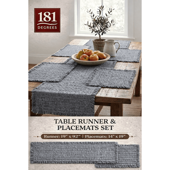 181 Degrees Table Runner 19x92 with Placemats 14x19 Set, Gray Farmhouse Table Decor, Textured Dining Table Runner & Placemat Set
