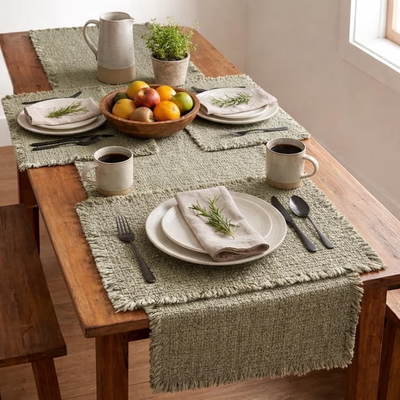 181 Degrees  Sage GreenTable Runner 19x92 with Placemats 14x19 Set, Farmhouse Table Decor, Textured Dining Table Runner & Placemat Set